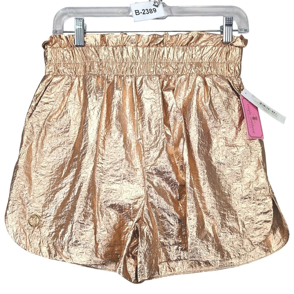 NWT Simply Southern Metallic Gold Paperbag Shorts Womens S Lined Glam Clubwear